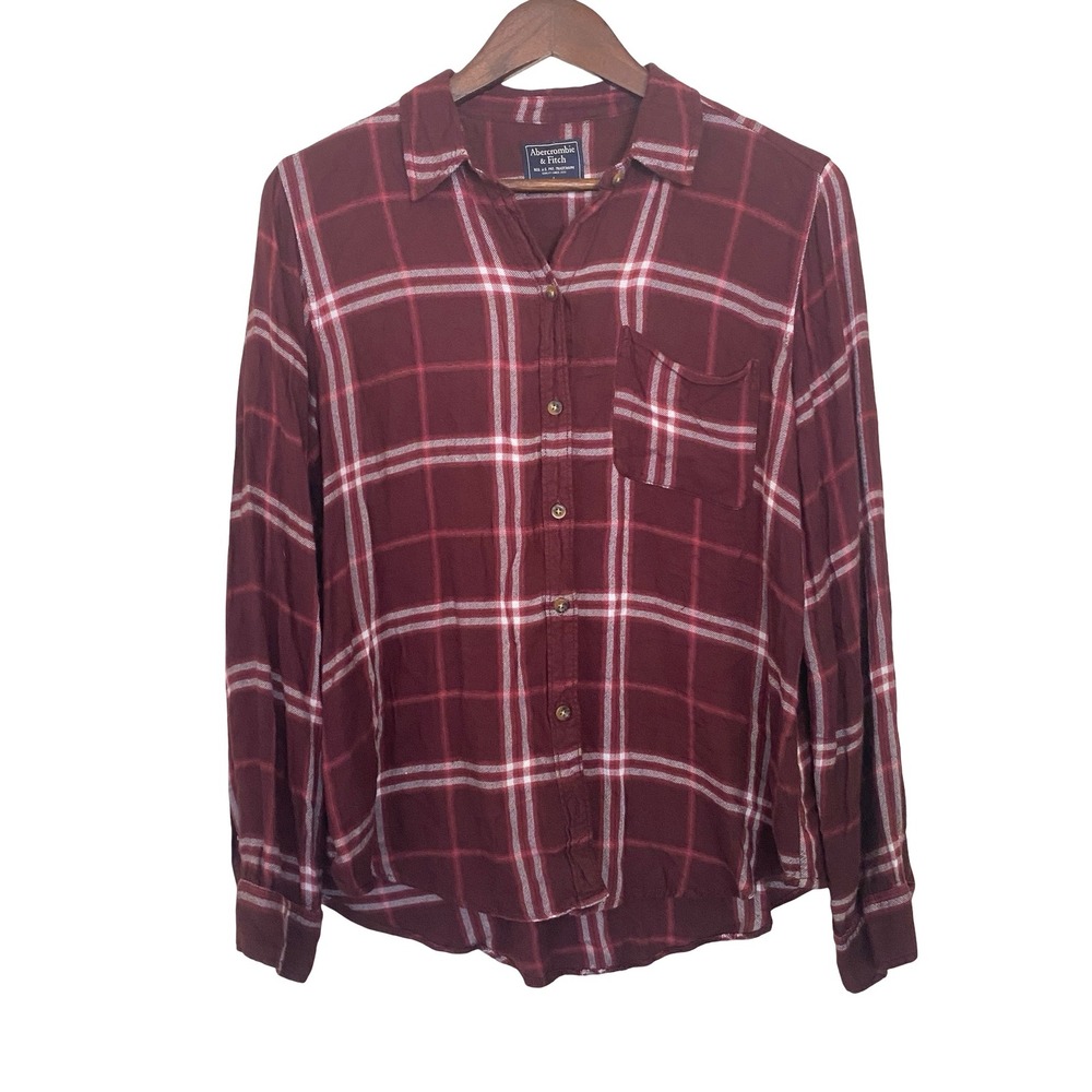 Abercrombie & Fitch Plaid Women Button Down Shirt Large Burgundy Check Viscose